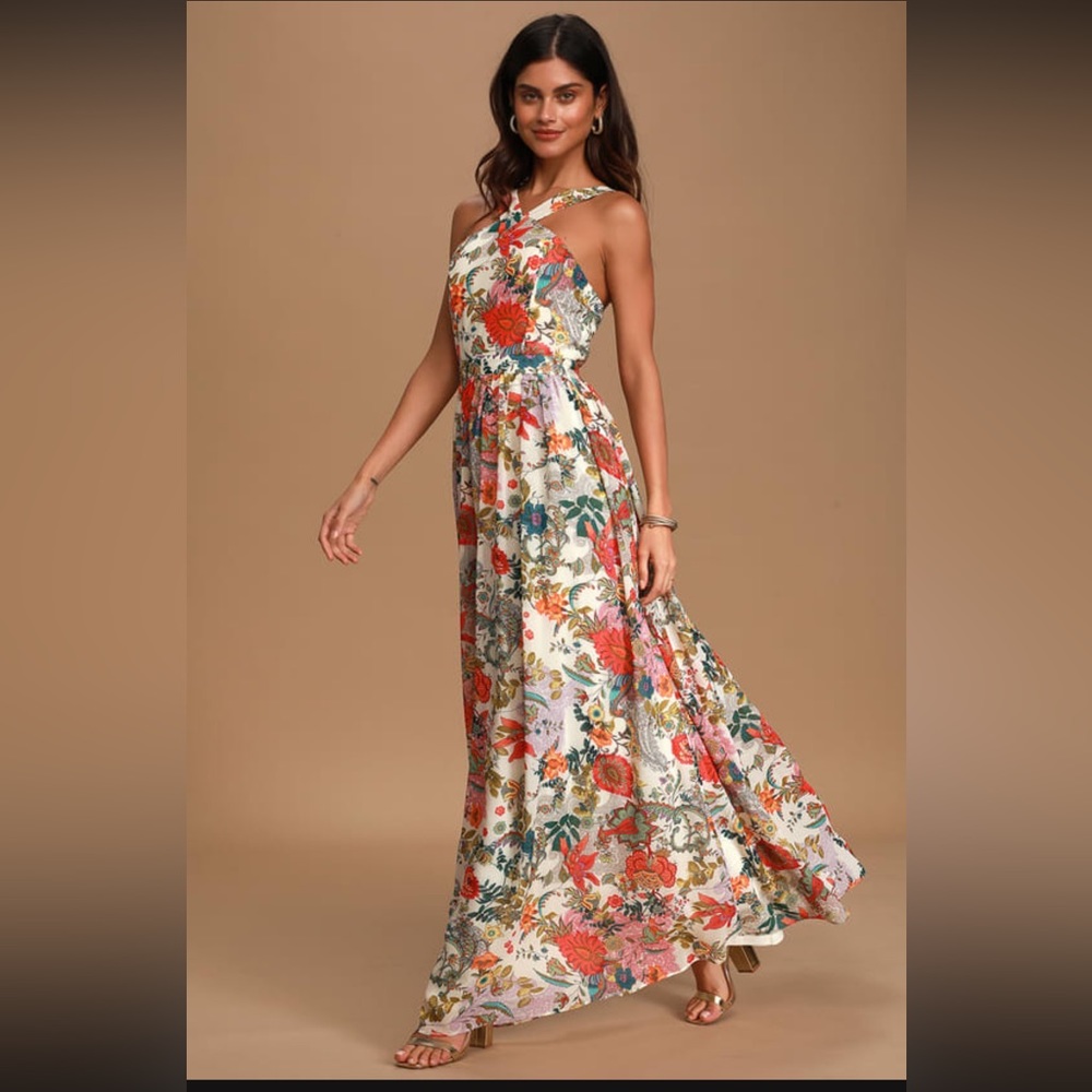NWT Lulu’s- Lilija Cream Floral Print Maxi Dress